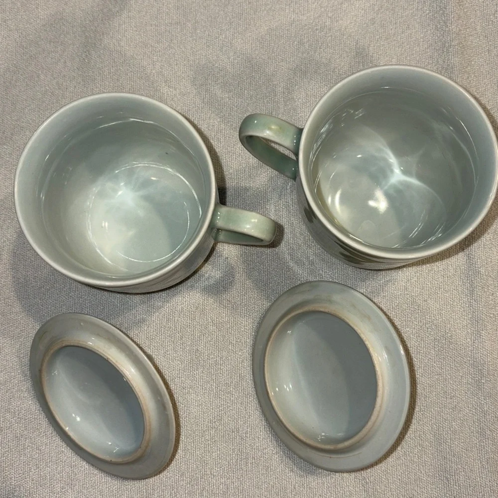 Vintage Pier 1 Elegant celadon koi fish Mugs with Lids